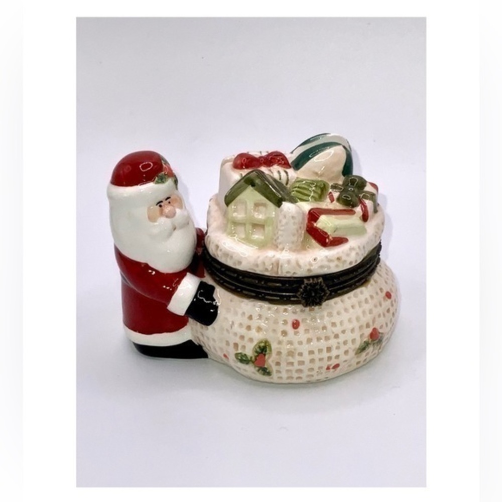 Vintage Harry & David Santa With Bag Of Toys Porcelain Trinket Box 2.5”